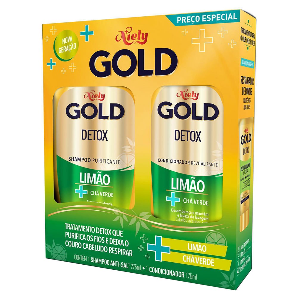 Kit Niely Gold Detox Limão + Chá Verde shampoo 275 ml e condicionador 175 ml