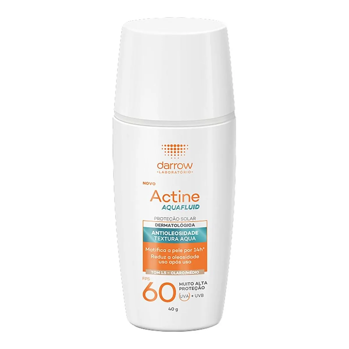 Protetor Solar Facial Actine FPS 60 Aquafluid Antioleosidade Cor 1.5 Claro/Médio 40g